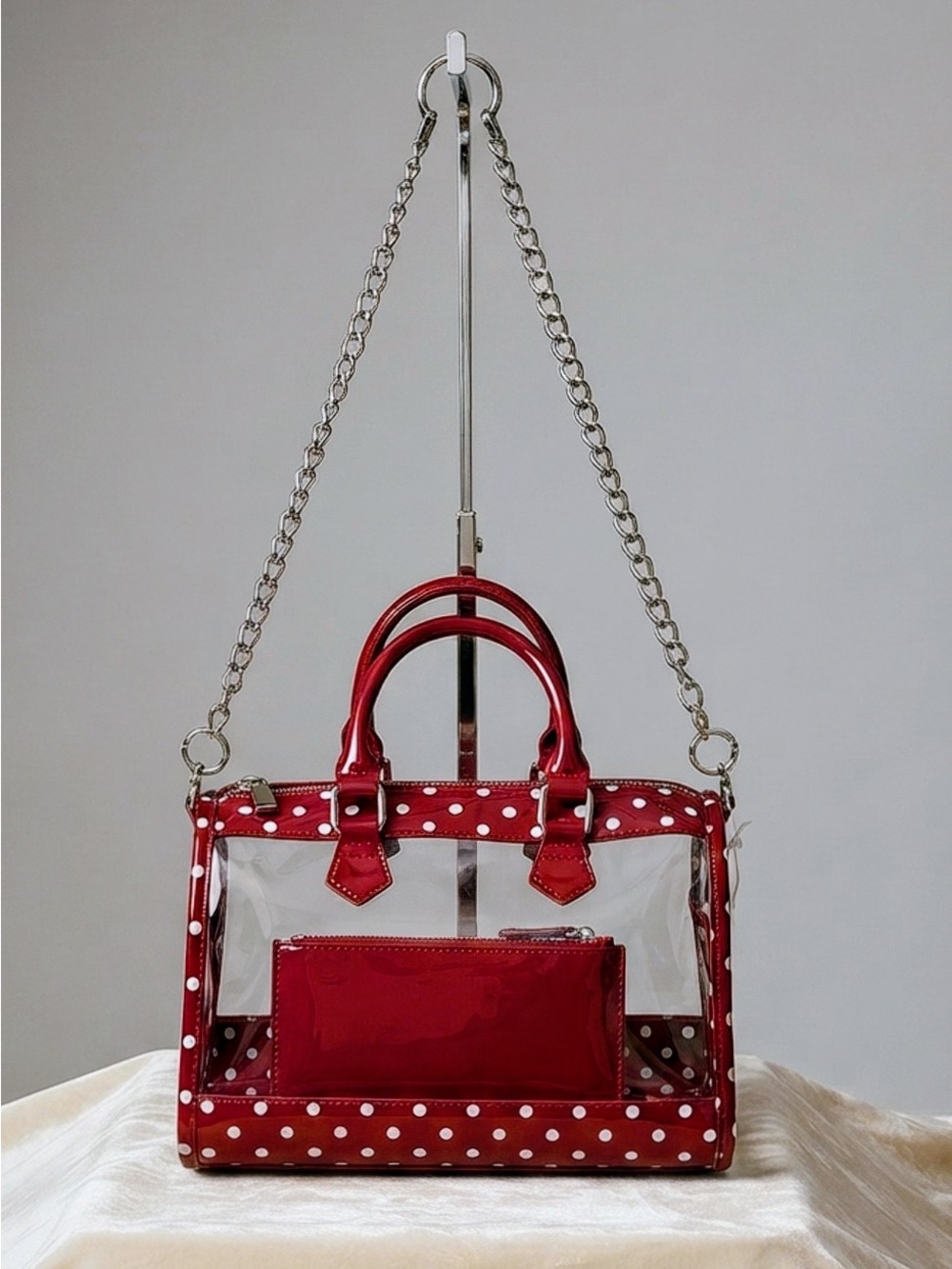 Stadium approved CLEAR bag NWT DustBag BagCharm maroon white polkadot  Upcycled
